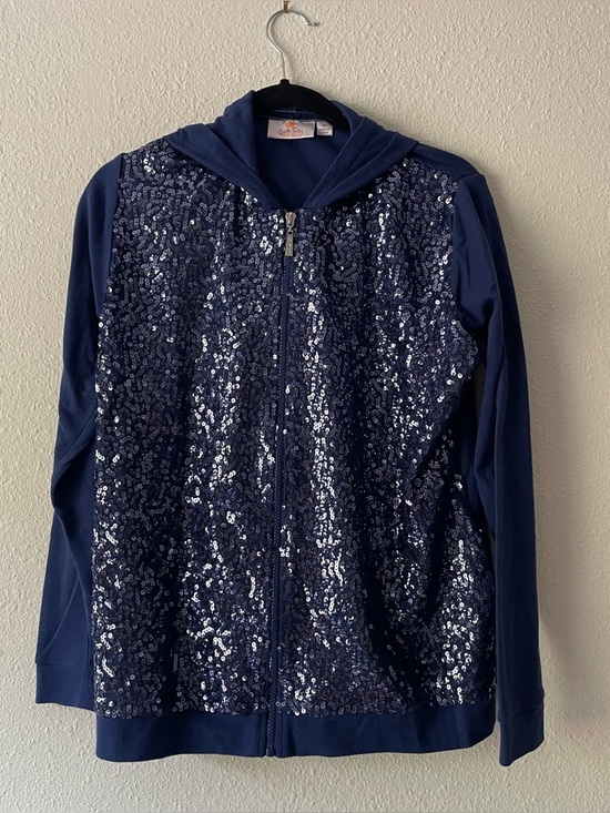 Quacker Factory Tops - Quacker Factory women’s navy blue sequin sparkle front zip up hooded sweater